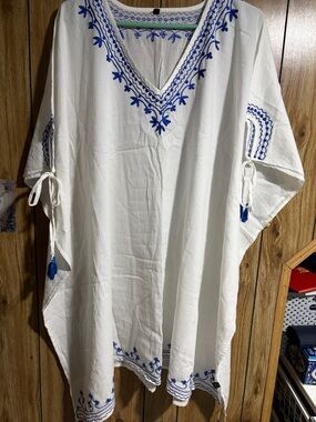 2 Chic Embroidered V-Neck White Cover Up with Blue Accents